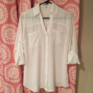 Express white chambray shirt with cuffed sleeves